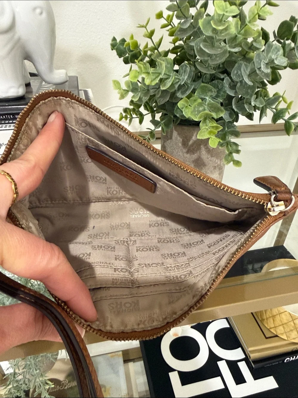 Michael Kors Cognac Leather Wristlet with Gold MK Emblem